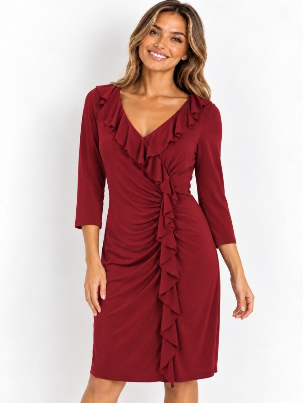 Chaps Burgundy Ruffle-Trim V-Neck Midi Dress